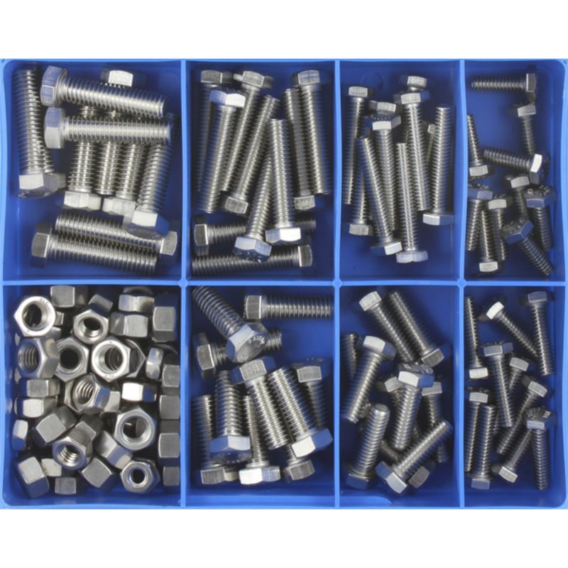 140-piece UNC set screw and nut assortment in high-grade 316/A4 stainless steel, perfect for DIY and professional projects.