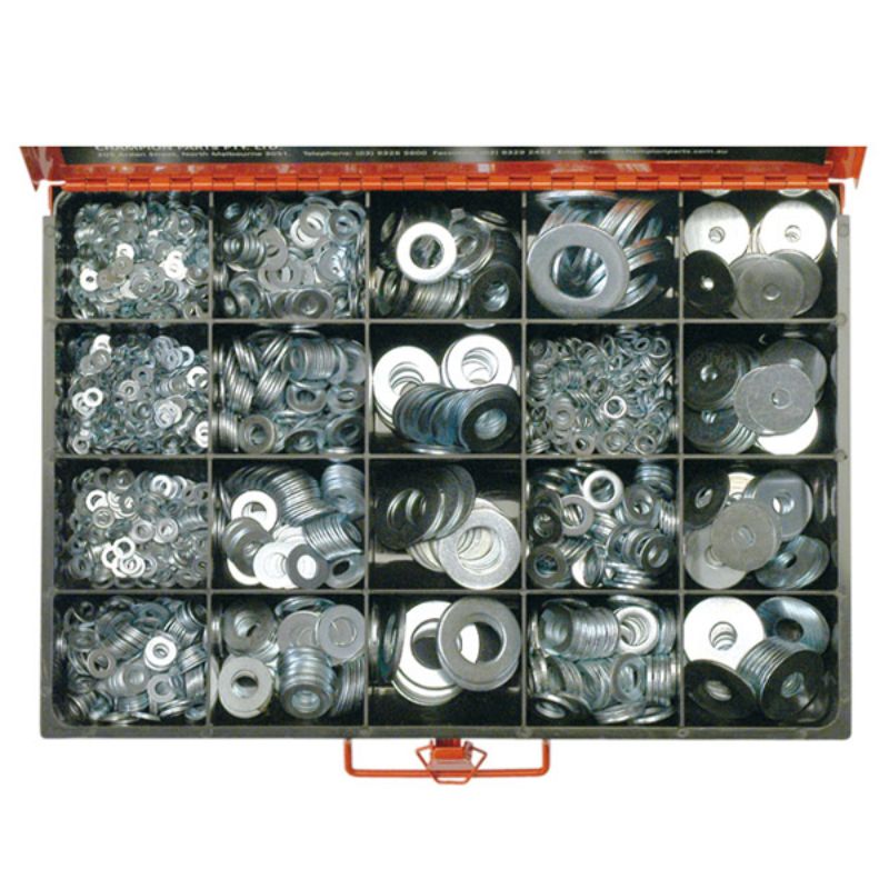 Comprehensive 2190pc flat washer kit with sizes 1/8" to 1", zinc plated for durability and corrosion resistance.