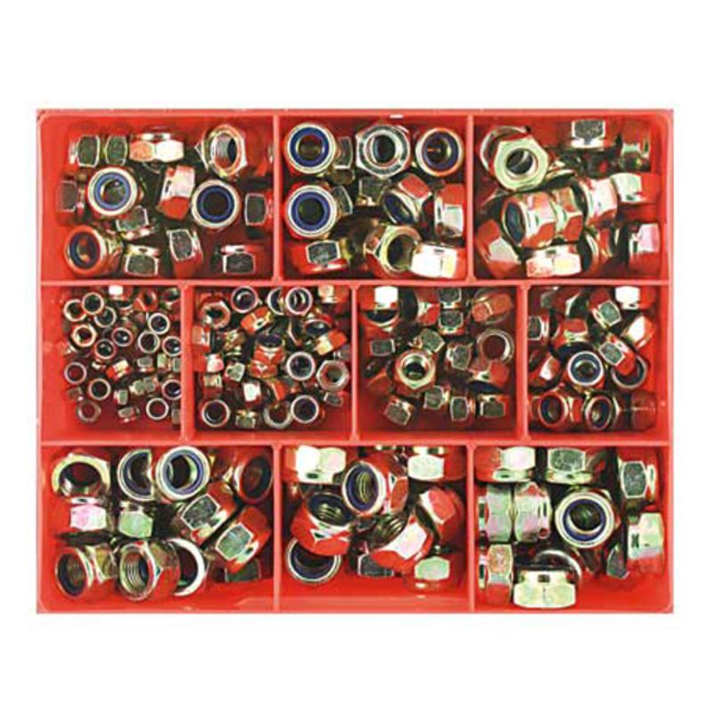 Champion 270pc self-locking nut assortment in various sizes, featuring durable nylon inserts and zinc plating for secure fastening.