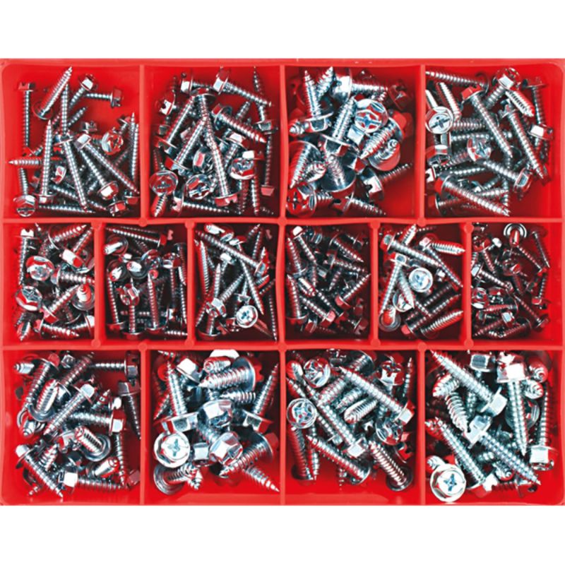 Champion 350pc Hex Head Zinc Self-Tapping Screw Assortment featuring 14 sizes for various DIY and repair projects.