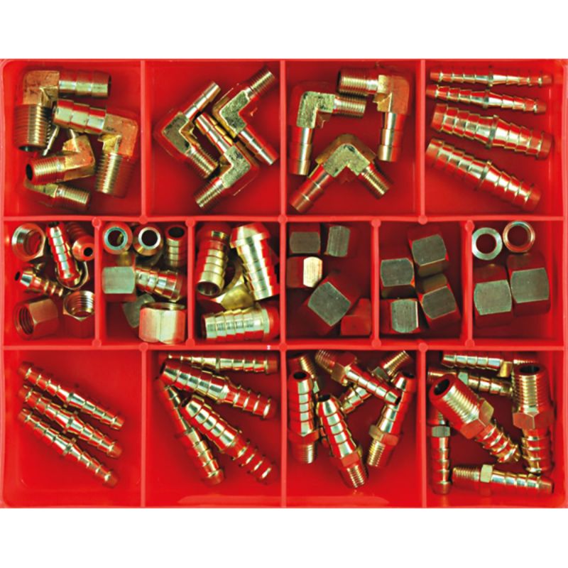 A versatile 59-piece brass fittings assortment for automotive and plumbing projects, featuring adaptors, elbows, and connectors.