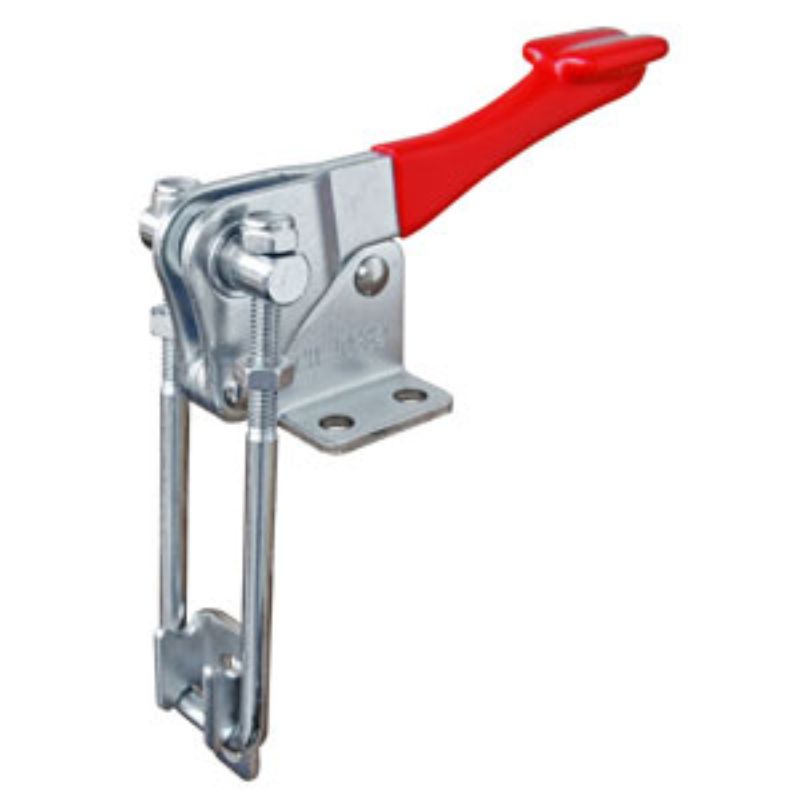 Toggle clamp latch with flanged base and straight handle, holds up to 450kg, ideal for woodworking and assembly tasks.