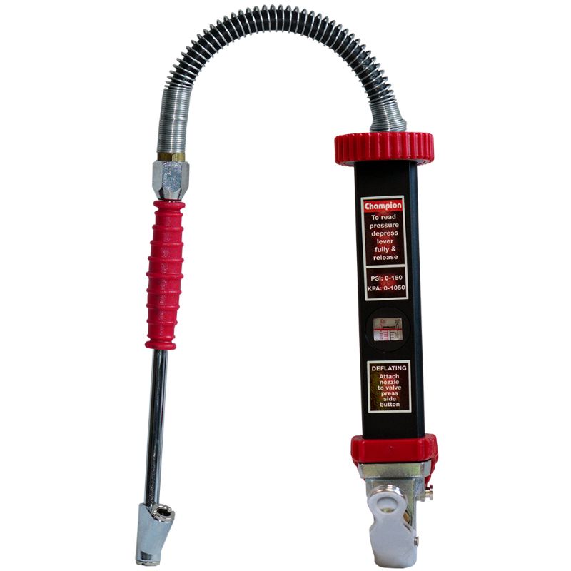 Durable Champion Tyre Inflator with dual chuck, deflator button, magnified sight glass, and spiral protected air hose.