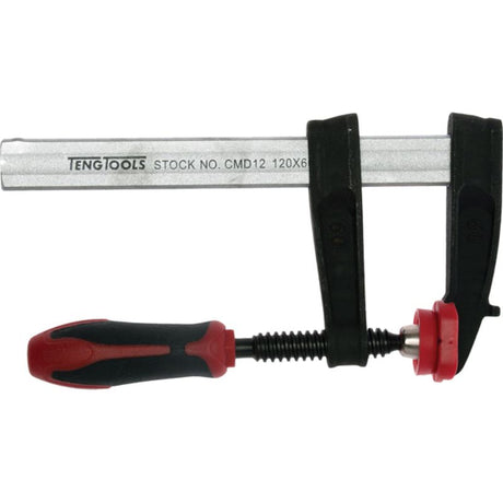 Teng F-Clamp 120 x 60mm with durable cast iron arms, ergonomic handle, protective caps, and superior gripping for woodworking tasks.