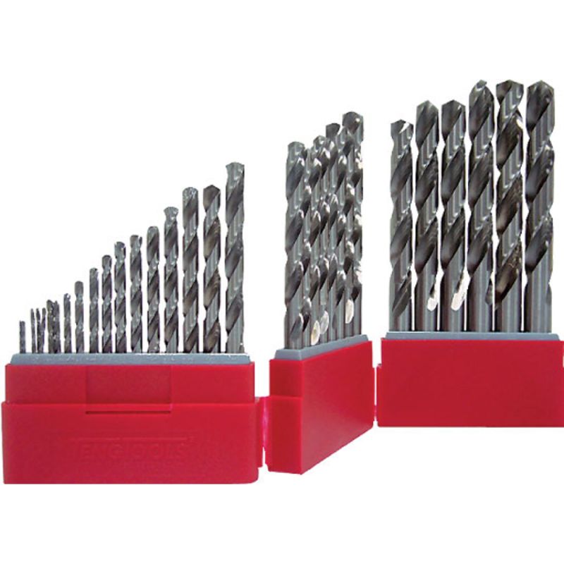 34pc Teng Drill Bit Set featuring HSS bits (1.0-13mm) with split point design for precision drilling in various materials.