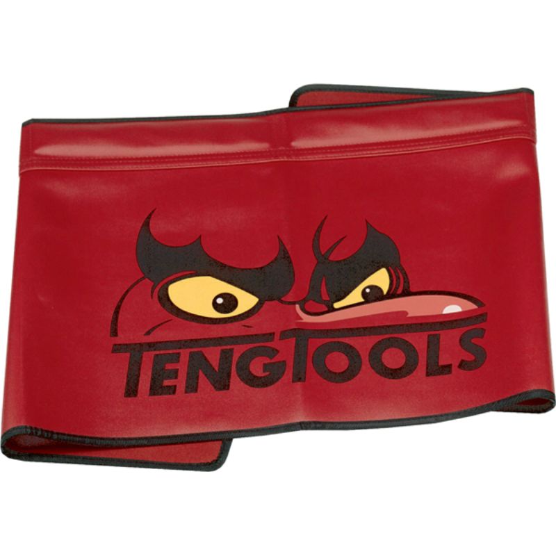 Teng Vinyl Fender Cover in red PVC, 400mm x 1010mm, features magnetic strip and soft cloth back for vehicle protection.