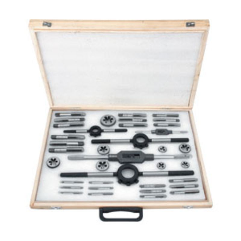 Groz 37 Piece Metric Tap & Die Set in wooden case, includes taps and dies from 6mm to 20mm for precision threading.