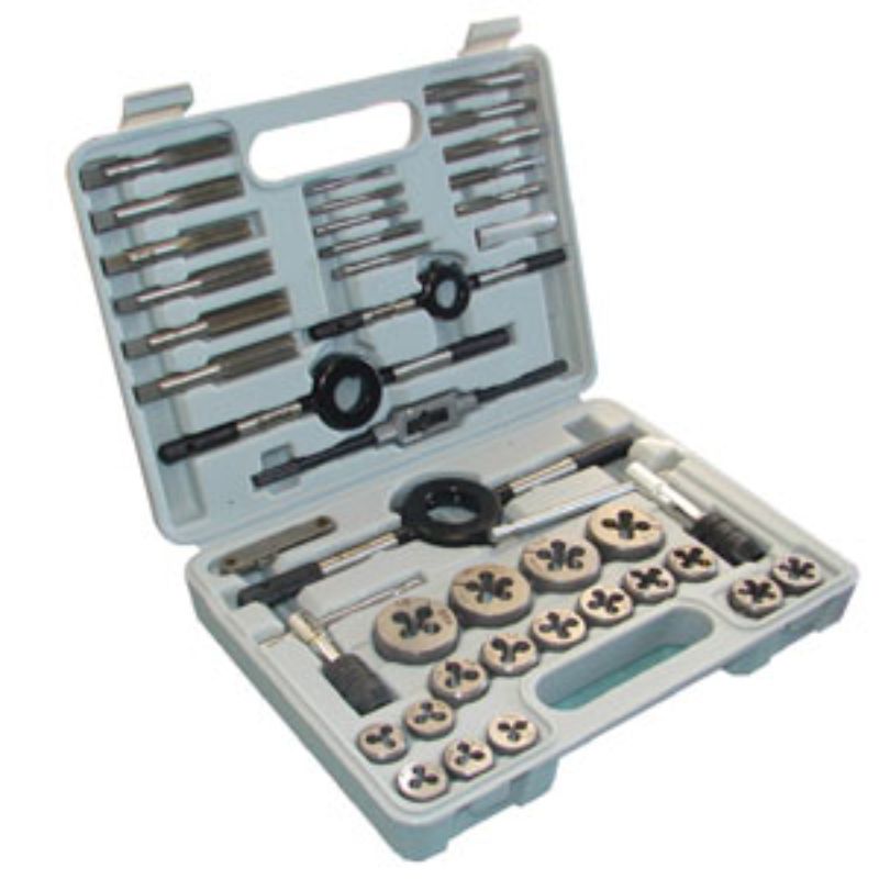 Groz 41 Piece SAE Tap & Die Set featuring T handle taps, die holders, and a thread pitch gauge for precise threading tasks.