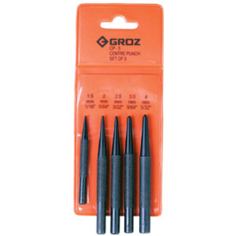 Groz 5pc Centre Punch Set in vinyl pouch, featuring durable carbon steel punches for precise marking from 1.5mm to 4.0mm.