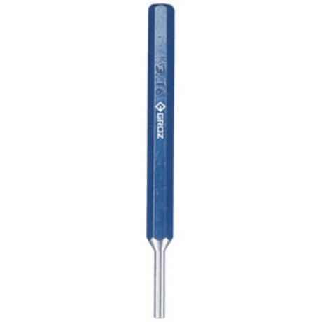 Groz Pin Punch 3/16" x 132mm, heavy-duty carbon steel tool with hexagonal shank, designed for precision pin driving.
