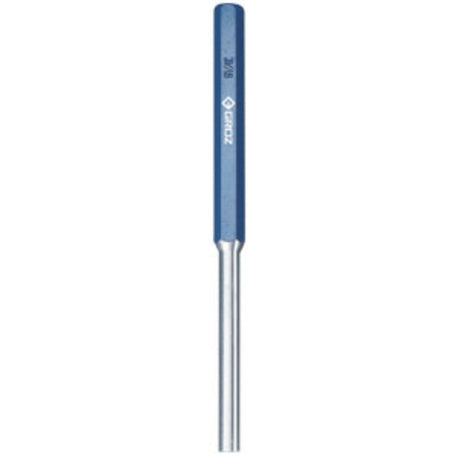 Groz Pin Punch: 3/8" x 200mm, heavy-duty carbon steel tool for precision metalworking and enhanced leverage during use.
