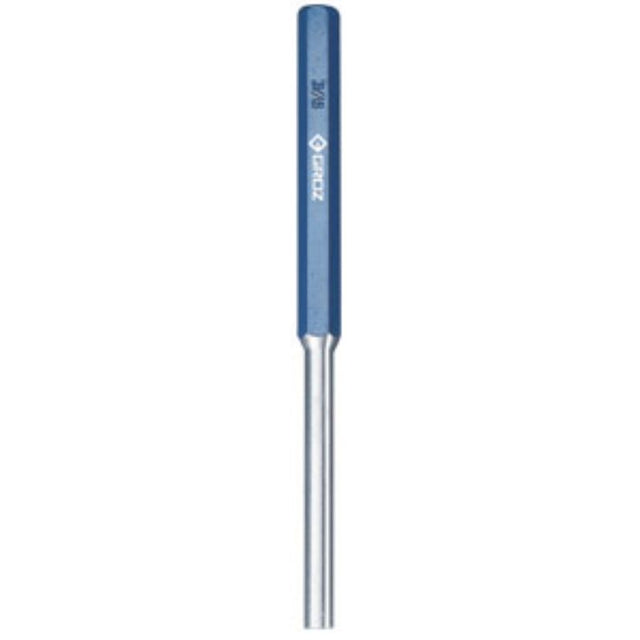 Groz Pin Punch: 3/8" x 200mm, heavy-duty carbon steel tool for precision metalworking and enhanced leverage during use.