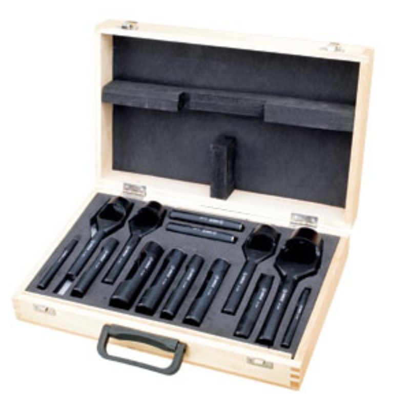 14pc Groz Hollow & Arch Hole Punch Set with induction-hardened punches for precise round holes in various materials, stored in a wooden box.