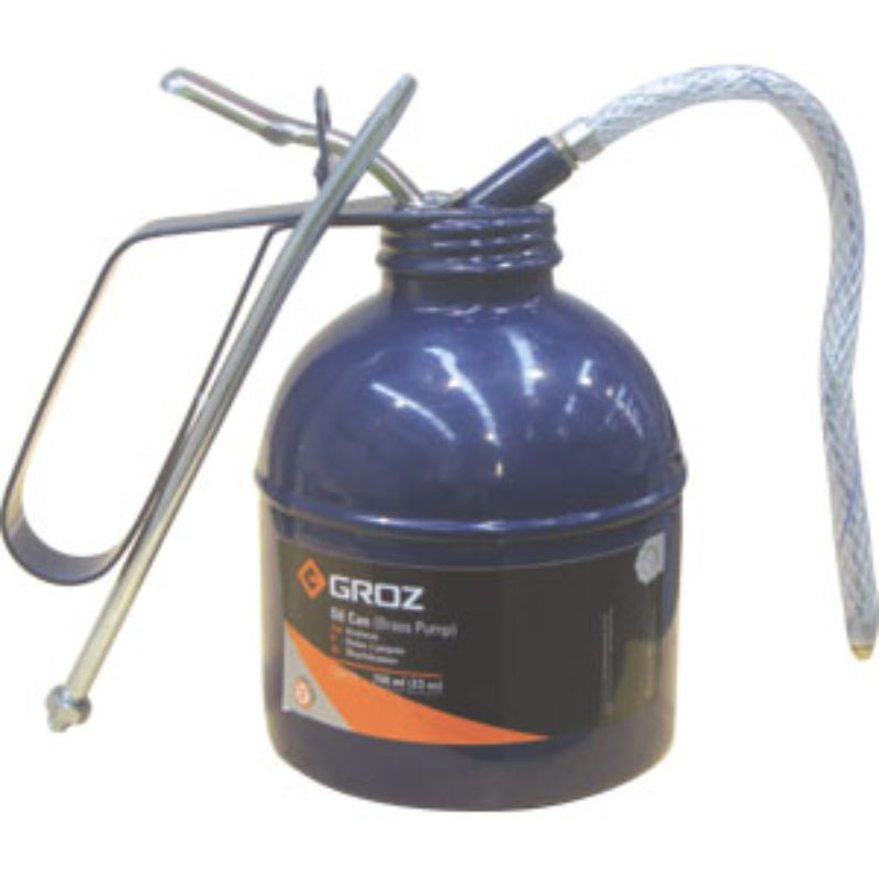 Groz 500ml oil can with flexible and rigid spouts, featuring durable steel construction and brass pump for precision dispensing.