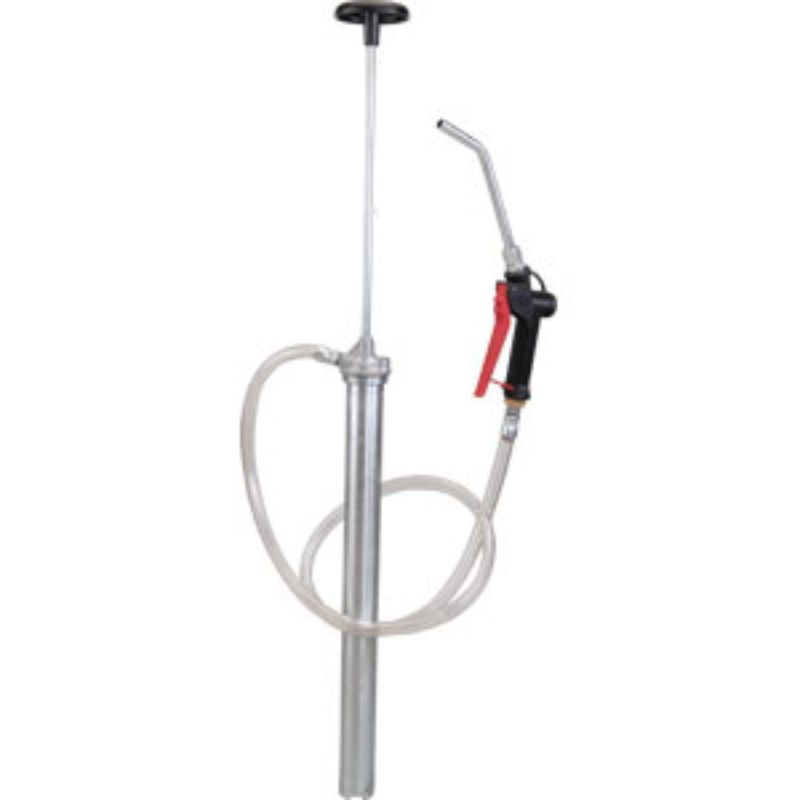 Groz 60L drum oil pump features spring-loaded design for easy dispensing of oils with a trigger; all-metal construction.