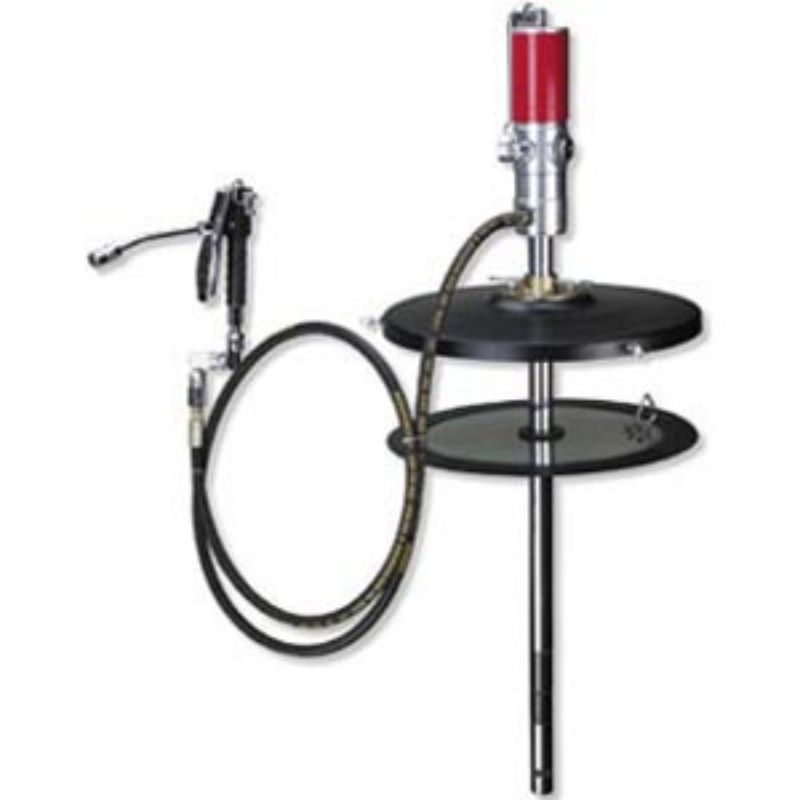 Groz 50:1 Air Grease Pump for 180kg drums, featuring high-pressure operation, sturdy metal construction, and a complete lubrication package.