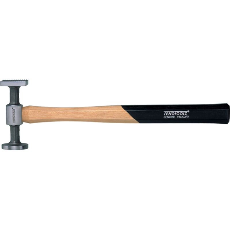 Teng Body Work Hammer with square milled face, forged steel head, and hickory handle for precision automotive repairs.