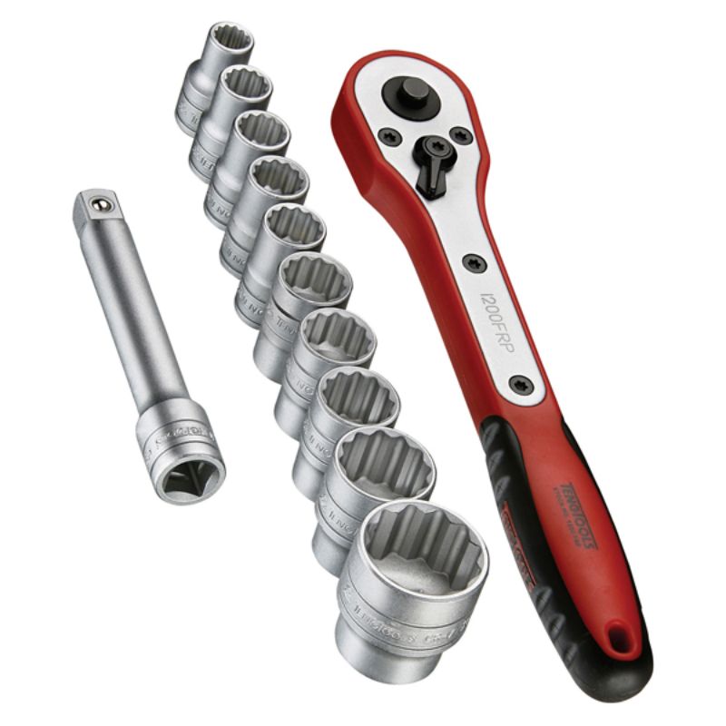 Teng 12pc 1/2in Drive Socket Set in case, includes ratchet, extension bar, and 10 sockets (8-24mm) for versatile mechanical tasks.