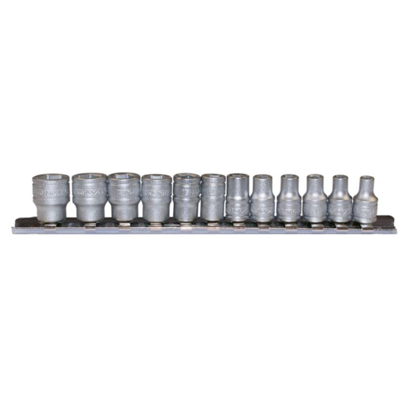 12-piece Teng socket set on metal clip rail, featuring durable chrome vanadium steel 6-point sockets from 4mm to 13mm.