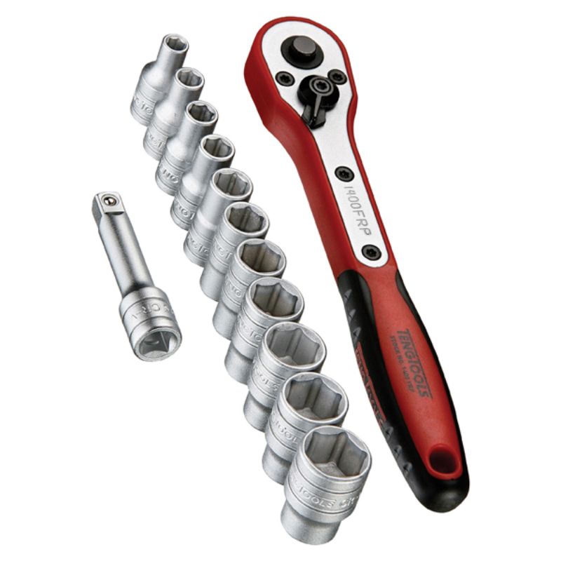 Teng 13pc 1/4in Drive Metric Socket Set in clip box, featuring 4mm to 13mm sockets, a 45-tooth ratchet, and extension bar.
