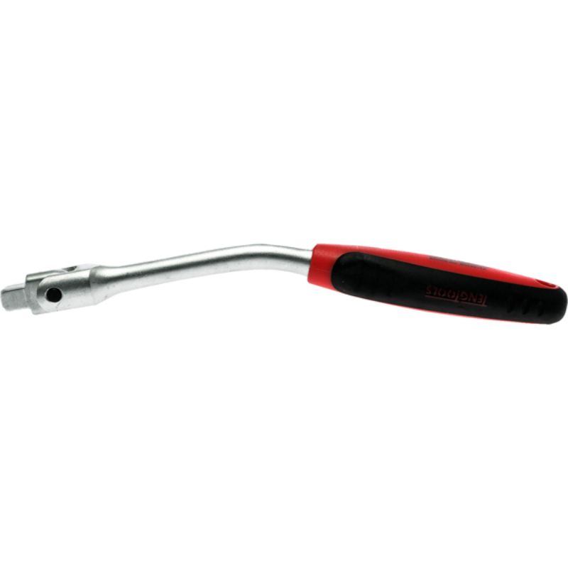 Teng 3/8in drive 10in flex handle with bent design, chrome vanadium steel, satin finish, and ergonomic non-slip grip.