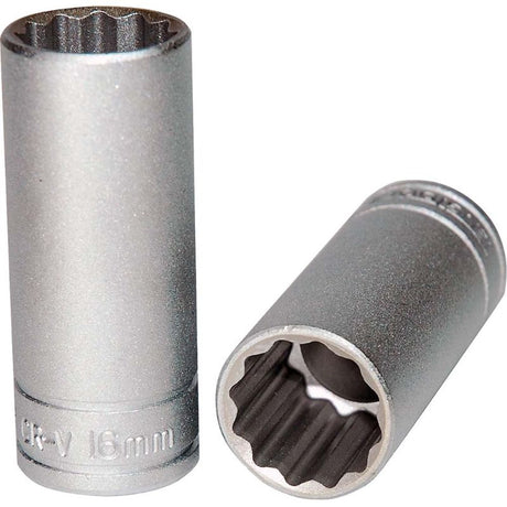 Teng 3/8in Dr. Deep Socket 16mm 12pt, durable chrome vanadium steel, precision fit for deep-set fasteners, ideal for mechanics.