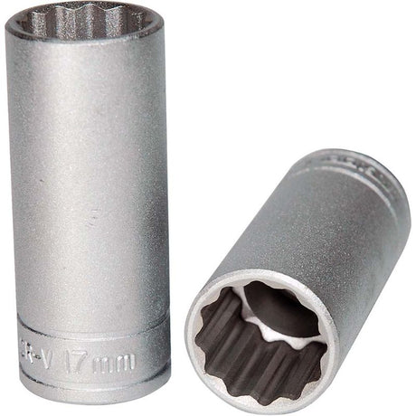 Teng 3/8in Dr. Deep Socket 17mm 12pt, durable tool for mechanics, featuring a 12-point design for superior grip and access.