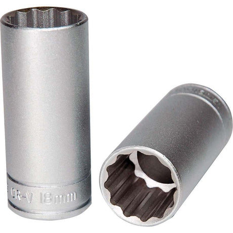 Teng 3/8in Drive Deep Socket 18mm 12pt, designed for durability, with excellent reach and secure grip for automotive repairs.