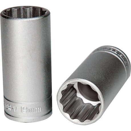 Teng 3/8in Dr. Deep Socket 19mm 12pt: Durable socket with 12-point design for precision and grip, ideal for automotive and DIY projects.