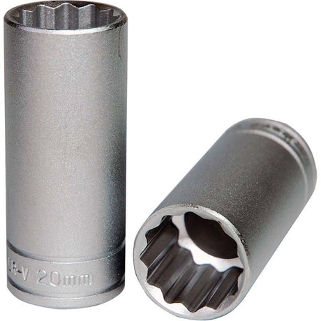 Teng 3/8in Dr. Deep Socket 20mm 12pt, chrome vanadium steel, 12-point design, ideal for automotive repairs and tight spaces.