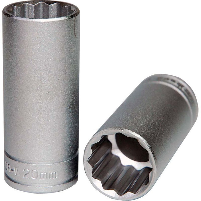 Teng 3/8in Dr. Deep Socket 20mm 12pt, chrome vanadium steel, 12-point design, ideal for automotive repairs and tight spaces.