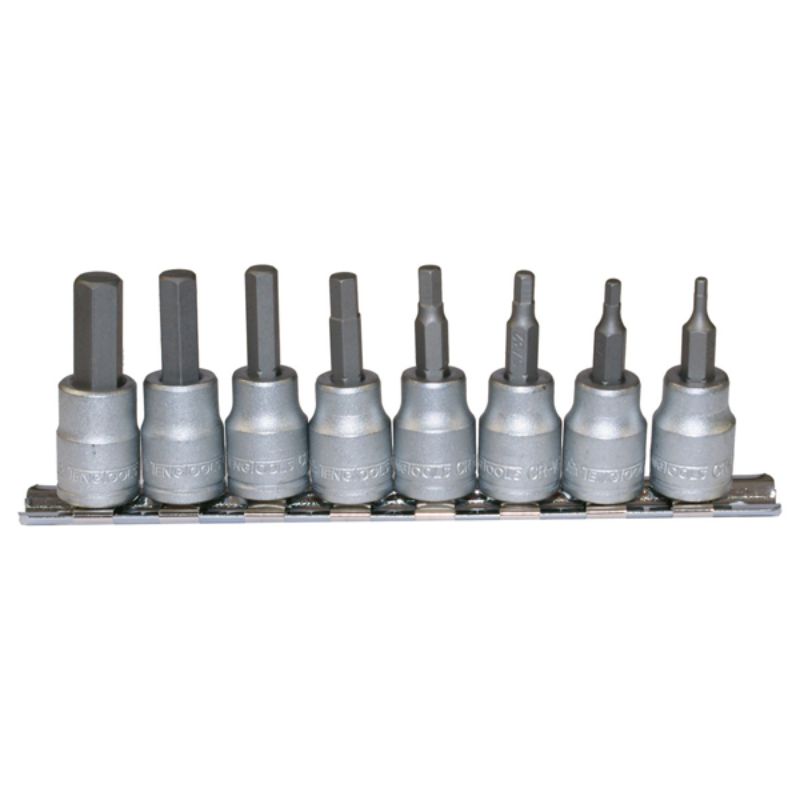 Teng 9pc AF hex bit socket set in chrome vanadium steel, features sizes 3/32in to 3/8in, organized on a metal clip rail.