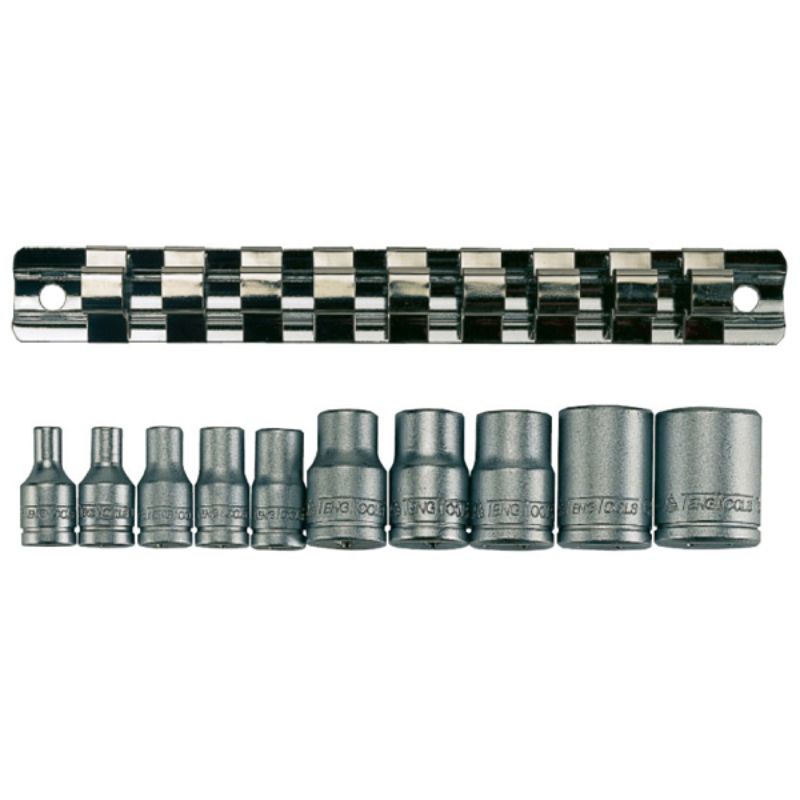 Teng 10pc TX-E Socket Set featuring chrome vanadium steel, organized on a metal clip rail for versatile tool access and performance.