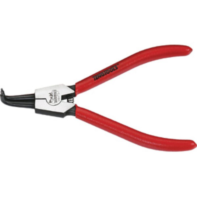 7-inch bent snap-ring plier made of chrome vanadium steel with a polished head and vinyl grip for comfort and durability.