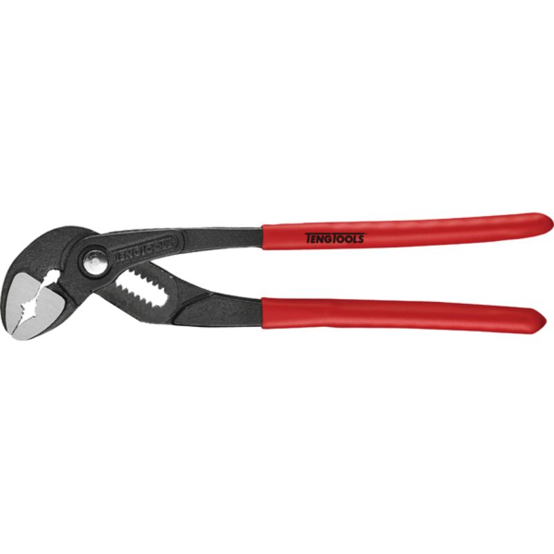 10in water pump plier with fast adjustment, serrated jaws for secure grip, and comfortable rubber-dipped handles.