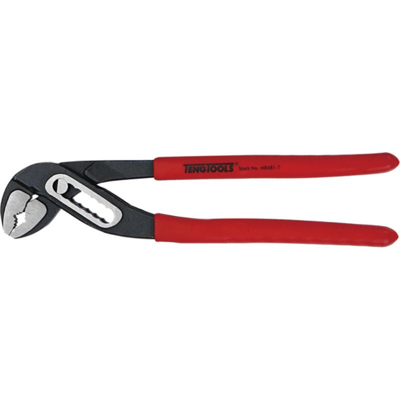 Teng MB 7in Water Pump Plier features chrome vanadium steel, serrated jaws, rubber grips, and adjustable capacity for versatile use.