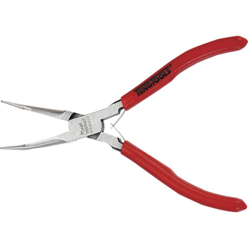 Teng MB 6in Needle Bent Nose Plier with high carbon steel, rubber handles, and bent tips for precision in tight spaces.