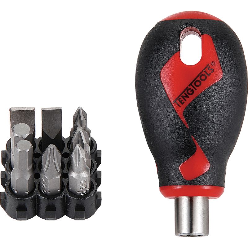 Teng 9pc MD Stubby Bits Screwdriver Set featuring a magnetic holder, bi-material grip, and 8 essential bits for versatile tasks.