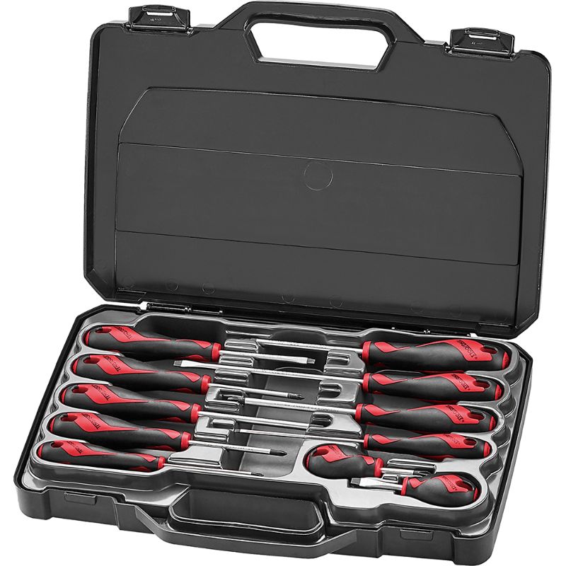 Teng 11pc screwdriver set with various drive heads, ergonomic handles, TT-MV PLUS steel, in a durable storage case.