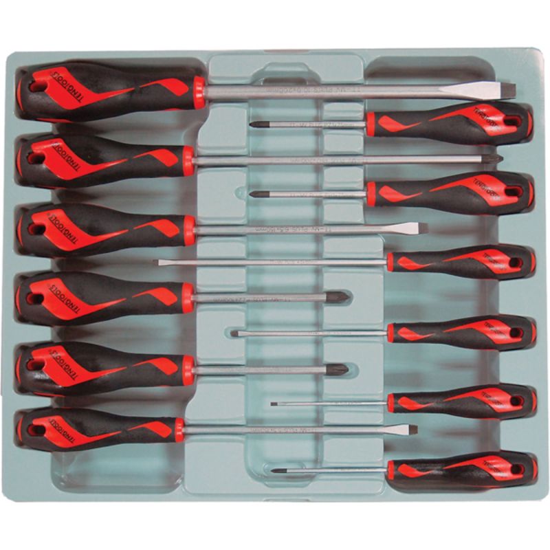 Teng 12pc screwdriver set featuring durable TT-MV PLUS steel, ergonomic handles, and various Slotted, Phillips, and Pozidriv heads.