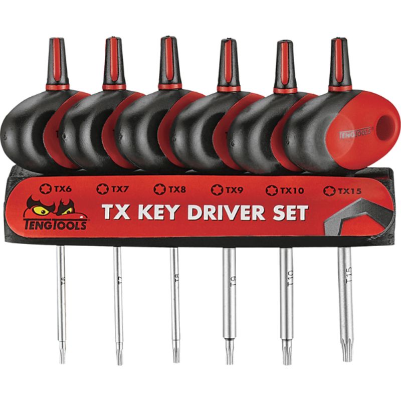Teng 6pc Mini T-Handle Screwdriver Set with holder, featuring six 50mm TX heads for precision in DIY and repairs.