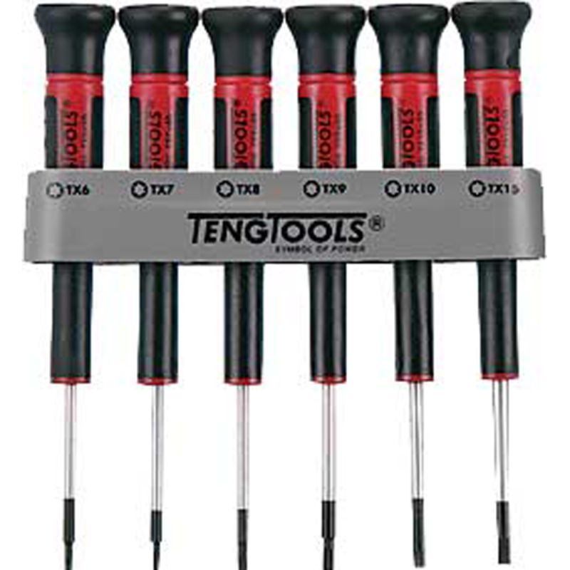 Teng 6pc Mini TX Screwdriver Set with wall holder, featuring sizes TX6 to TX15, ideal for precision tasks and tight spaces.