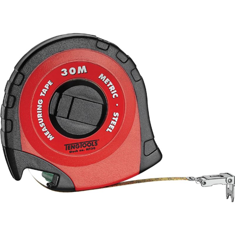 High-impact plastic tape measure with rubber grip, 15m x 10mm, true zero hook, and steel roller cage for durability.