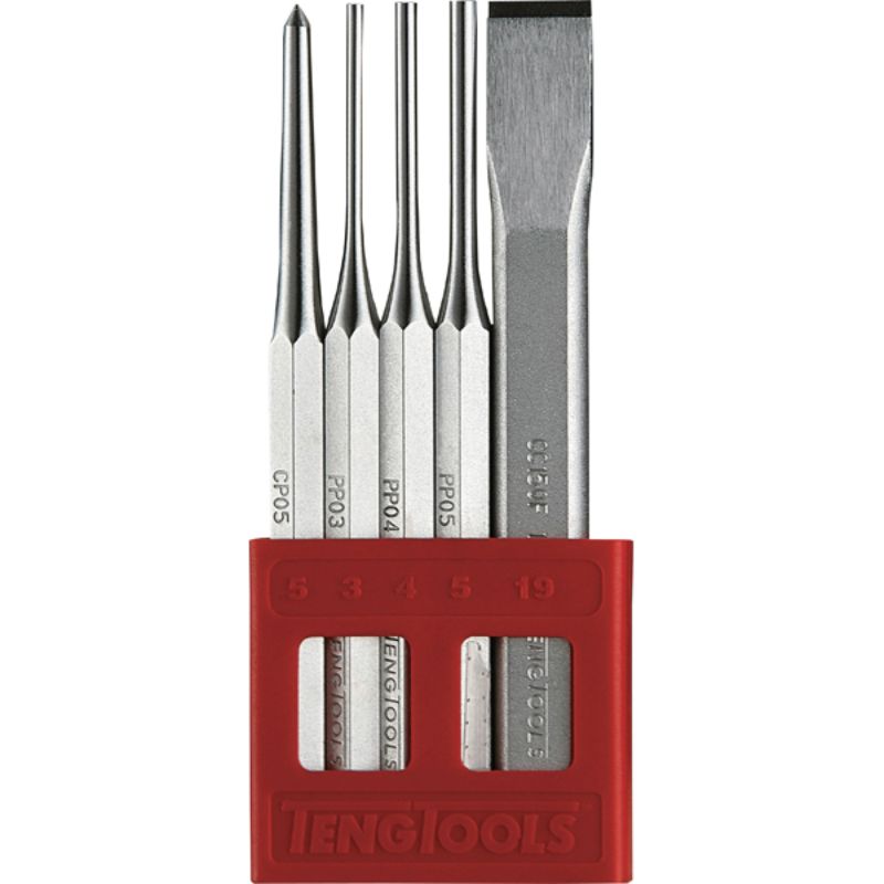 Teng 5pc Punch & Chisel Set featuring durable special steel tools with impact-resistant heads and organized plastic holder.