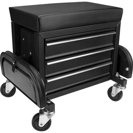ProEquip 3 Drawer Rolling Mechanics Seat with padded cushion, three drawers, side trays, and sturdy casters for mobility.