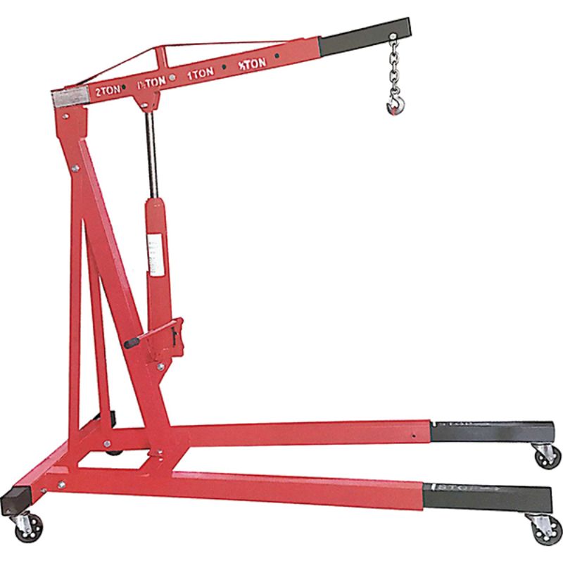 Heavy-duty ProEquip 2.0T engine crane with adjustable boom, long reach ram, and swivel wheels for easy automotive lifting.