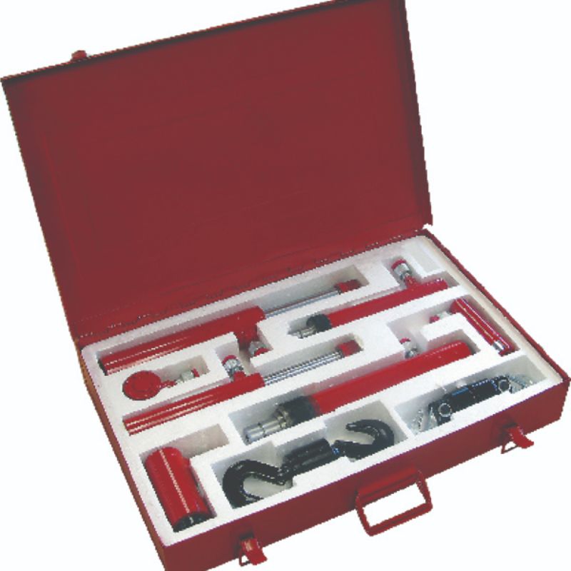 ProEquip 9pc Hydraulic Ram Accessory Kit with seven rams and swivel hooks in a durable carry case for versatile lifting tasks.