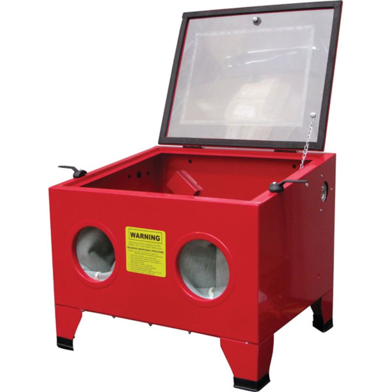 ProEquip Bench Top Sand Blasting Cabinet with Plexiglas lid, compact design, includes accessories and multiple nozzle tips.