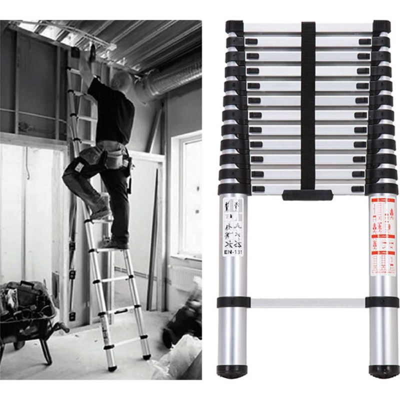 ProEquip 3.8M telescopic ladder, durable aluminium, 150kg capacity, smooth extension, compact for storage, non-slip features.