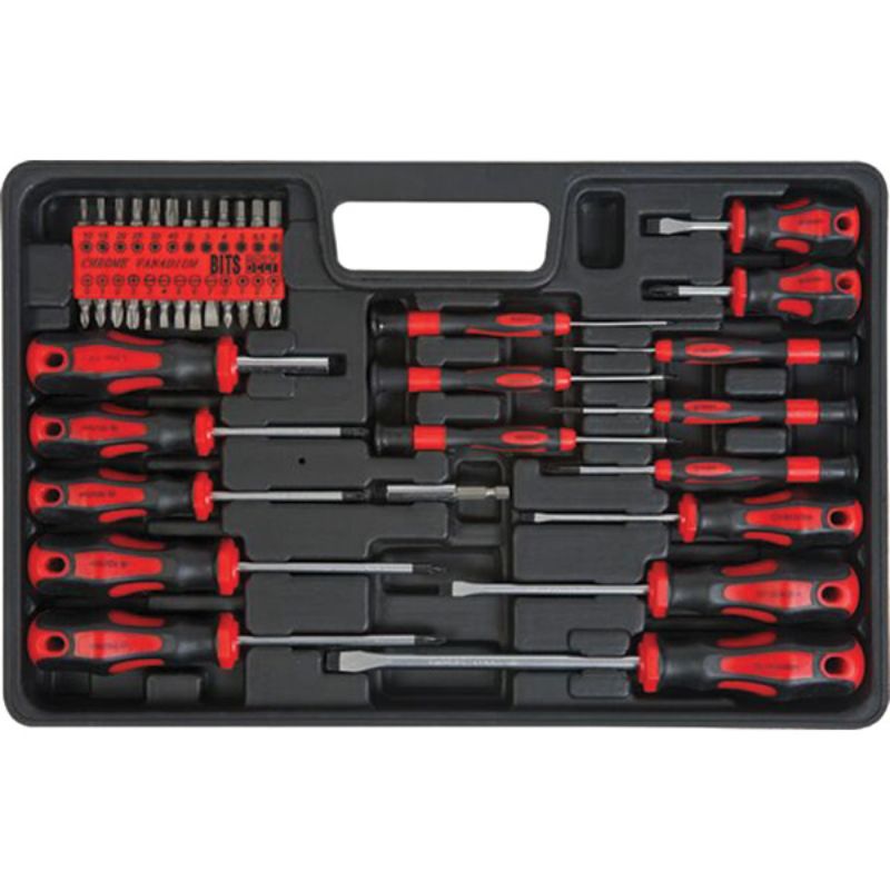 ProEquip 42pc Screwdriver & Bits Set in a sturdy tray, featuring ergonomic grips, magnetic tips, and chrome vanadium steel tools.